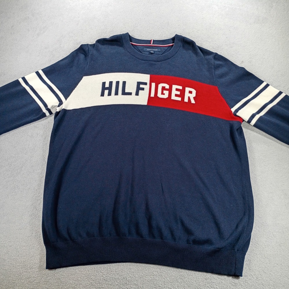 Tommy Hilfiger Mens Sweater Navy Colorblock XXL Logo Graphic Cotton Knit